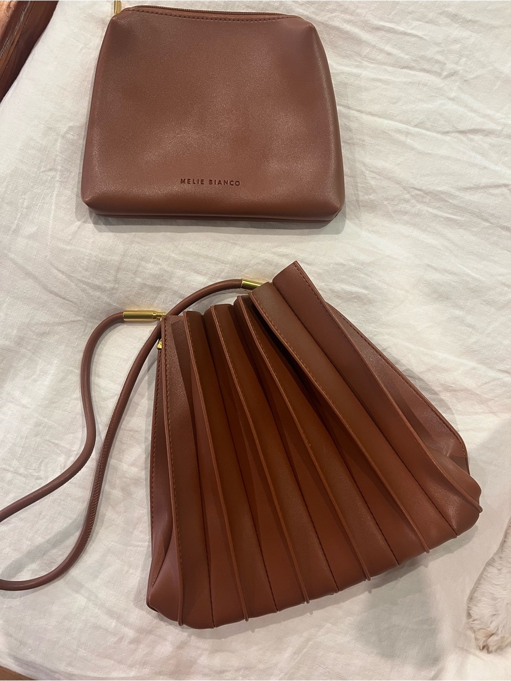 Melie Bianco Brown Pleated Crossbody with Gold Accents